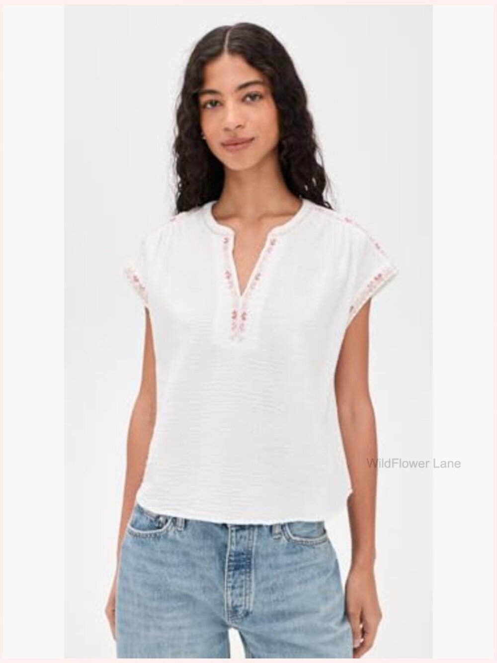Short Cap Sleeve V-Neck Blouse - Lightweight Gauze - Picture 2 of 6
